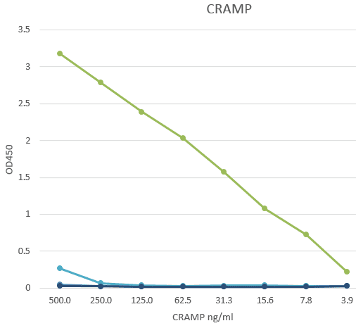 IA: Direct ELISA with different CRAMP antibodies. HM1127 reacts with the coated CRAMP peptide.